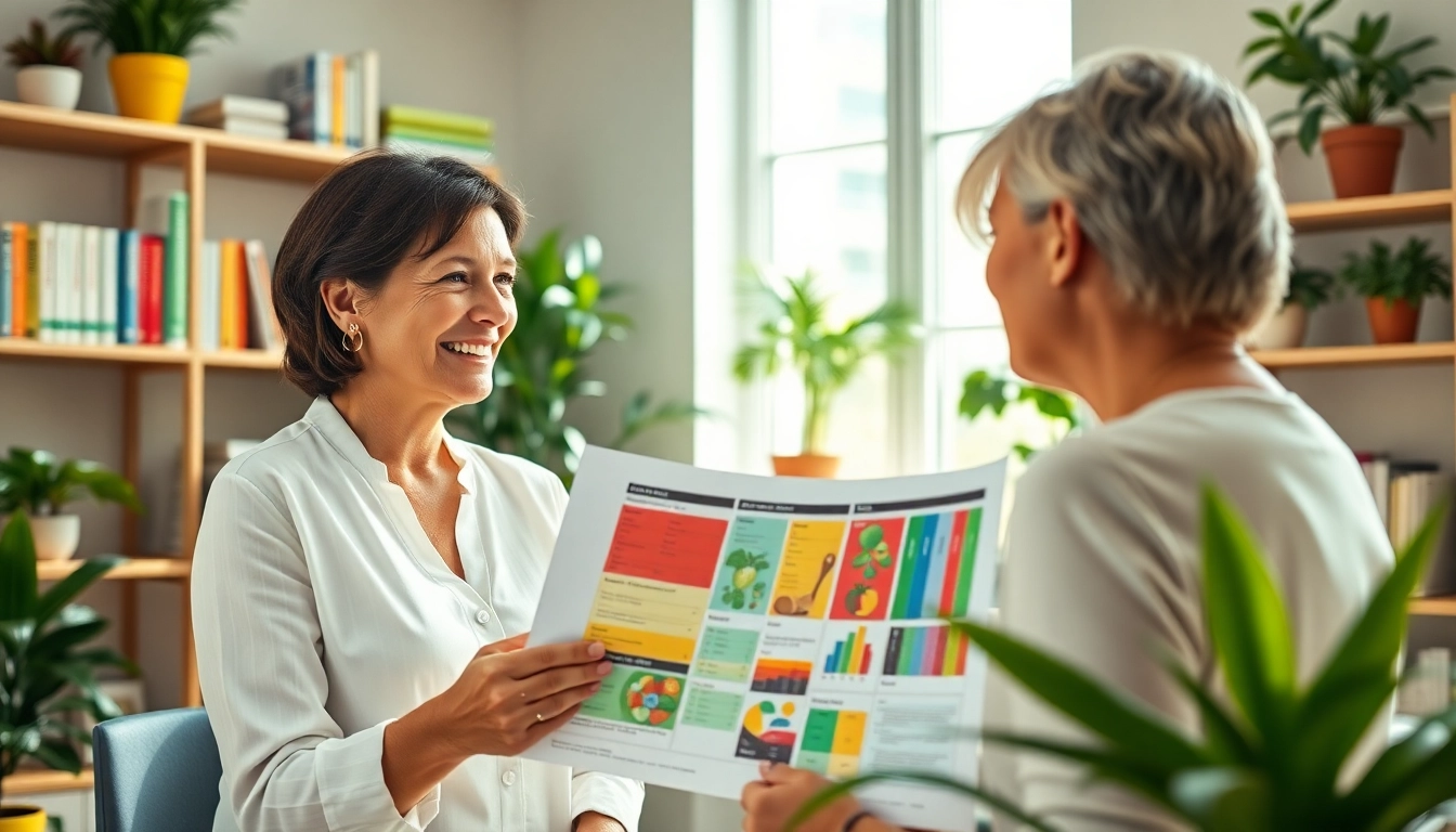 Nutritionist discussing a diet loss plan with a client in a welcoming office.