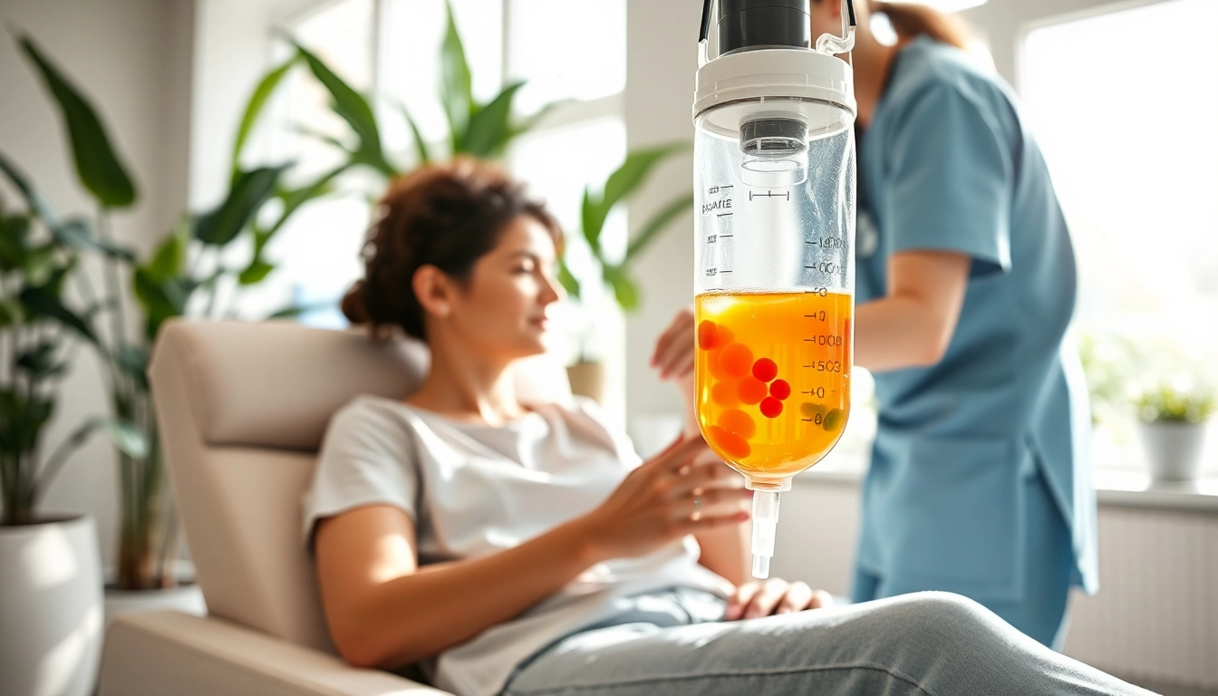 IV Therapy session showcasing a nurse administering IV drip in a serene wellness clinic.