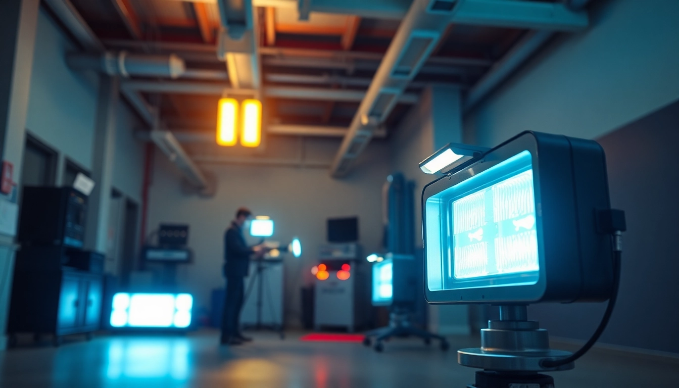 Emergency Light Testing in a professional space, highlighting illuminated emergency lights and testing equipment.