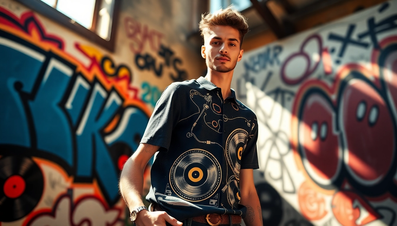 Showcase a trendsetting turntable shirt worn by a model against a graffiti backdrop, emphasizing music culture.