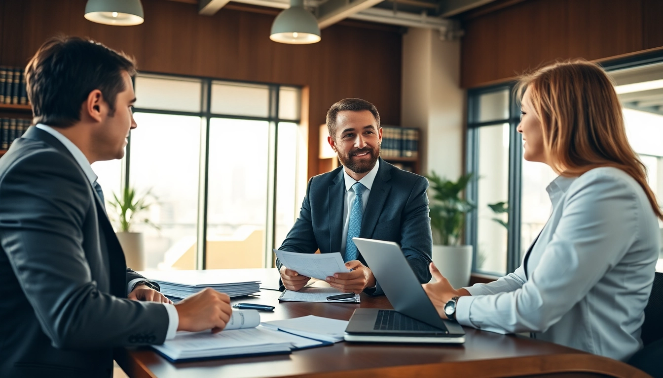 Real estate lawyer assisting clients in a modern office environment, providing expert legal advice.