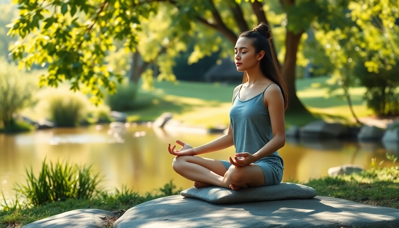 Meditating to cope with anxiety in a serene outdoor setting with natural lighting.