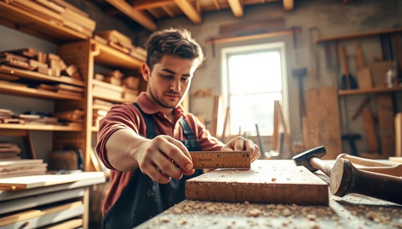 Engaged in carpentry apprenticeship near me, a young apprentice diligently measures wood in a workshop.