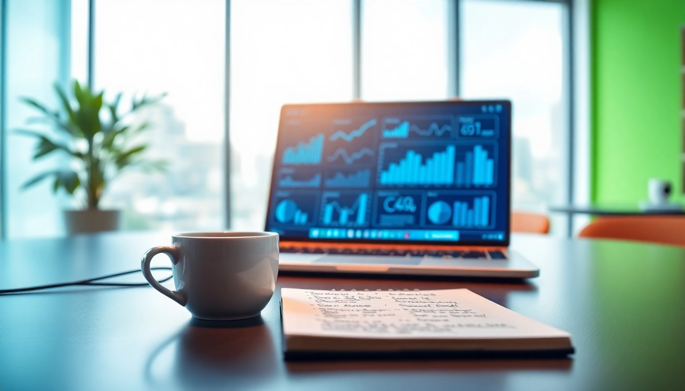 Enhance AI for competitive intelligence by visualizing a modern workspace with data analytics.