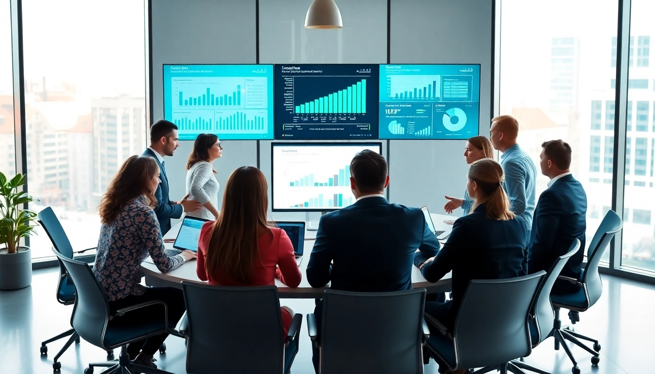 Analyze competitive intelligence with a diverse team in a modern workspace.