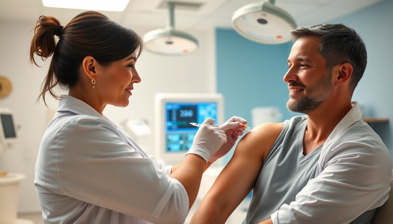 Administering weight loss shots in a professional healthcare setting with a patient.