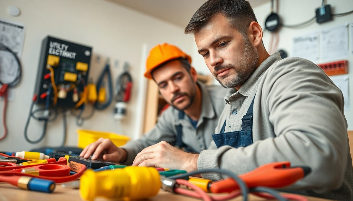 The electrician checks electrical wiring, highlighting craftsmanship in a clean utility setting.