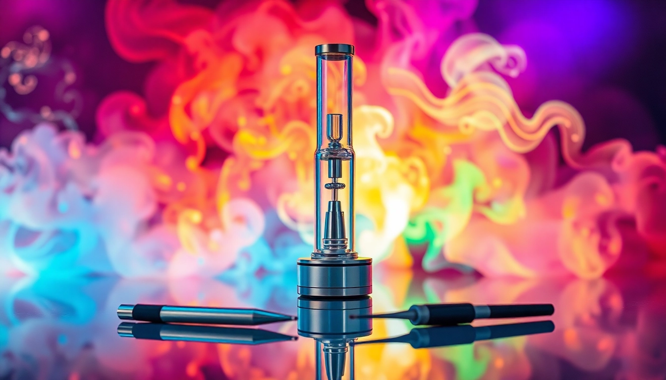 Elegant electric dab rig surrounded by colorful smoke and dab tools, highlighting its modern design.