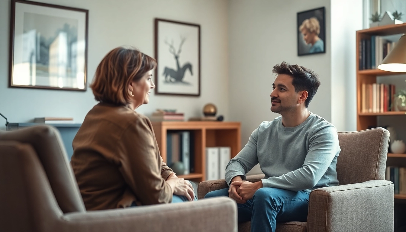 Counselling session between a professional counselor and a client in a comfortable office setting.