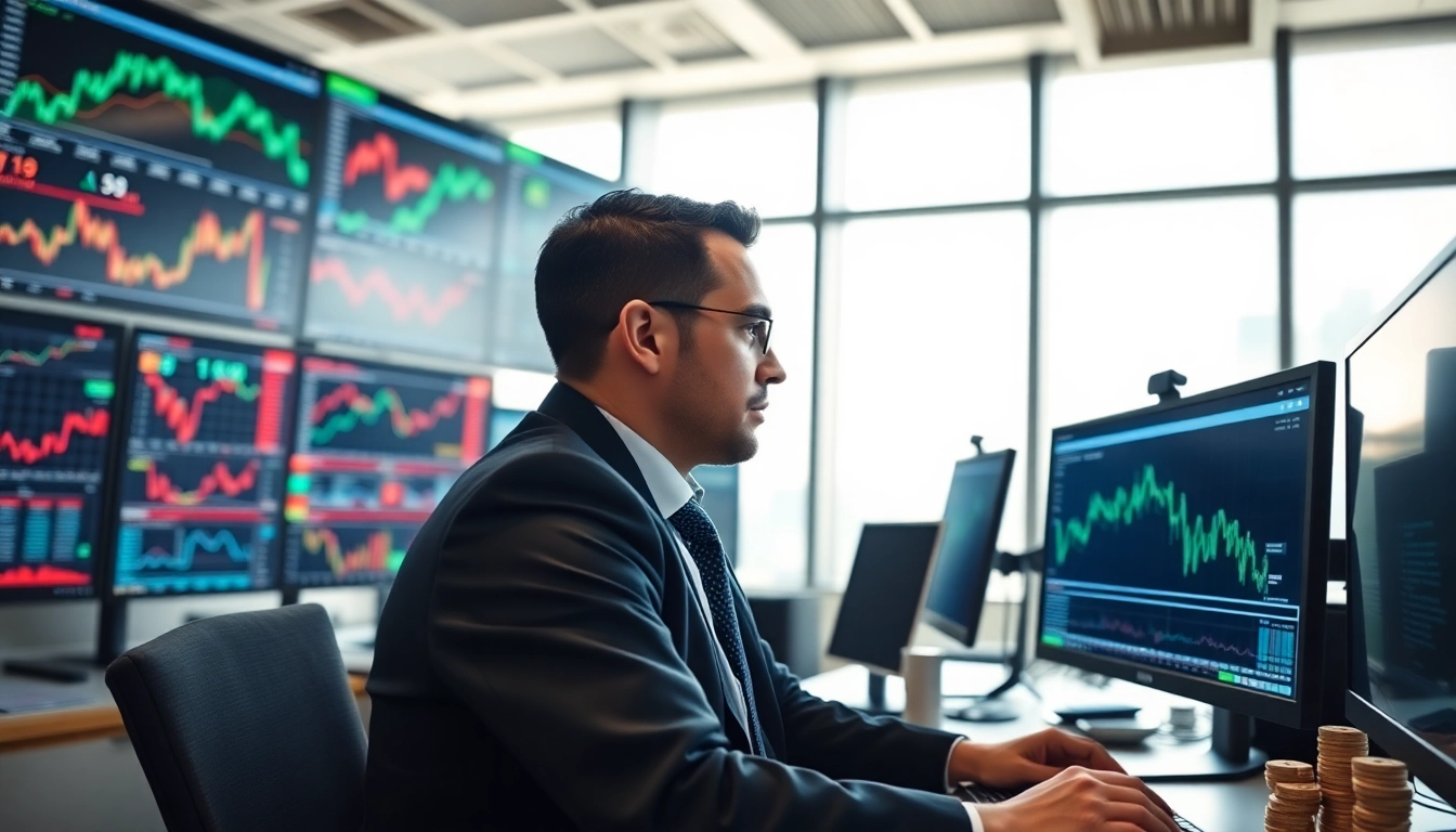 Engaged professional in elite trading setting, reviewing graphs and data on multiple screens.