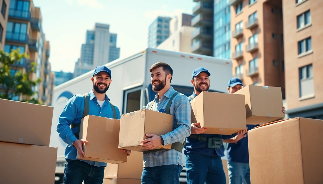 Reliable movers from moving companies in Toronto Ontario packing boxes in an urban setting.