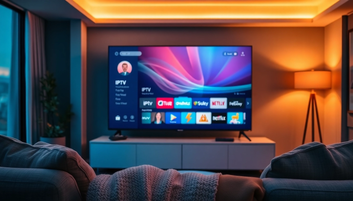 Showcase IPTV subscription options on a sleek TV in a cozy living room setting.