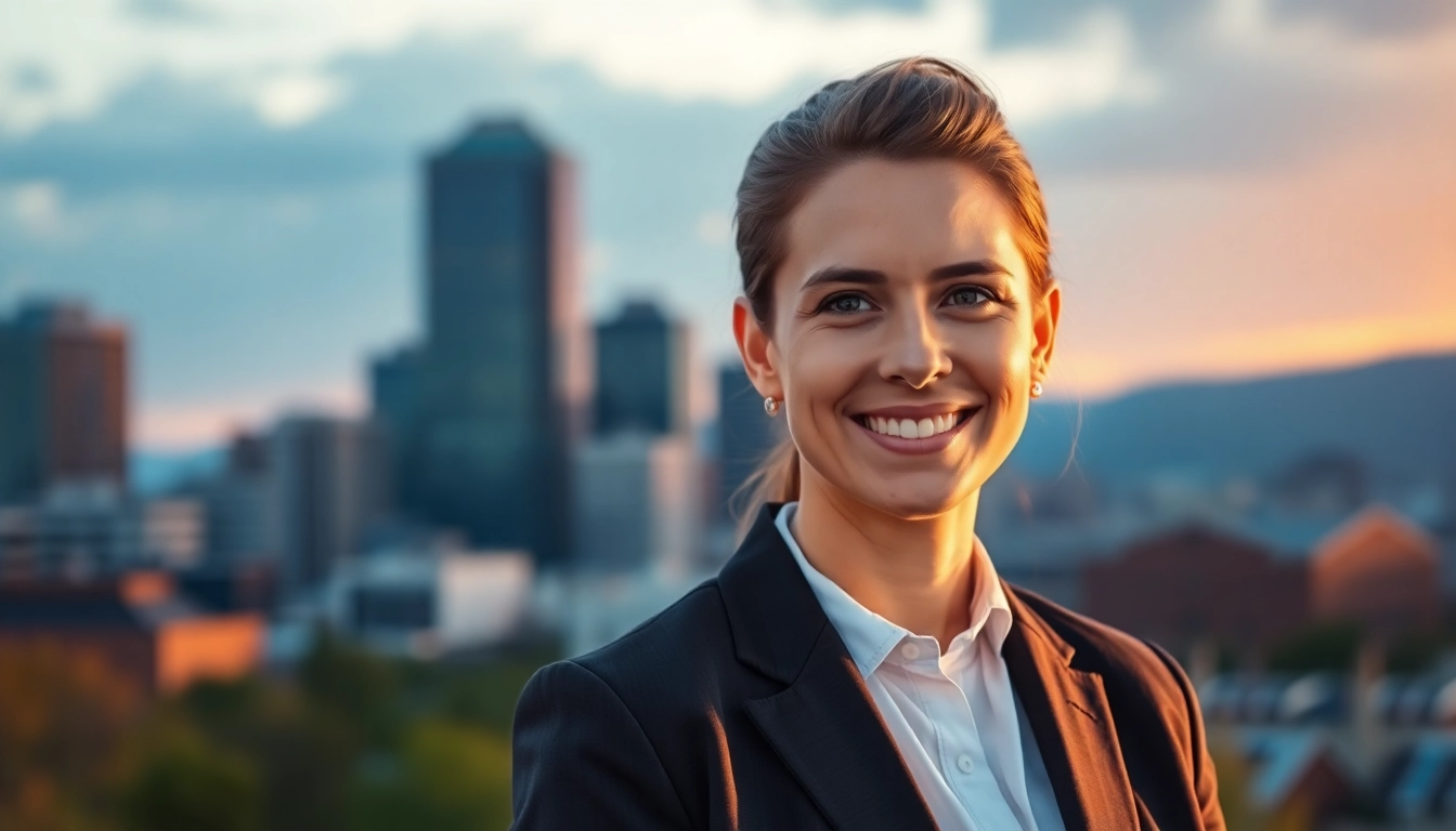 Capture Denver Professional Headshots with a confident individual in business attire against a blurred Denver skyline.