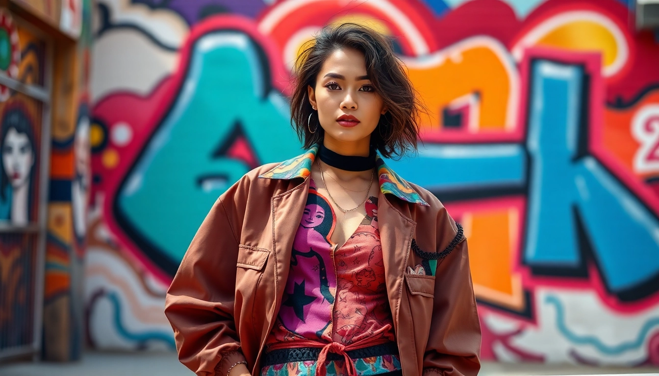 Model showcasing premium art clothing Calgary in an urban outdoor setting.