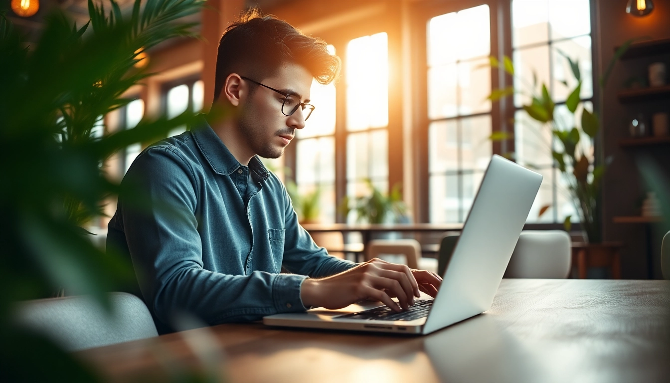 Pengguna dax69 dengan laptop di kafe modern yang nyaman dan stylish.