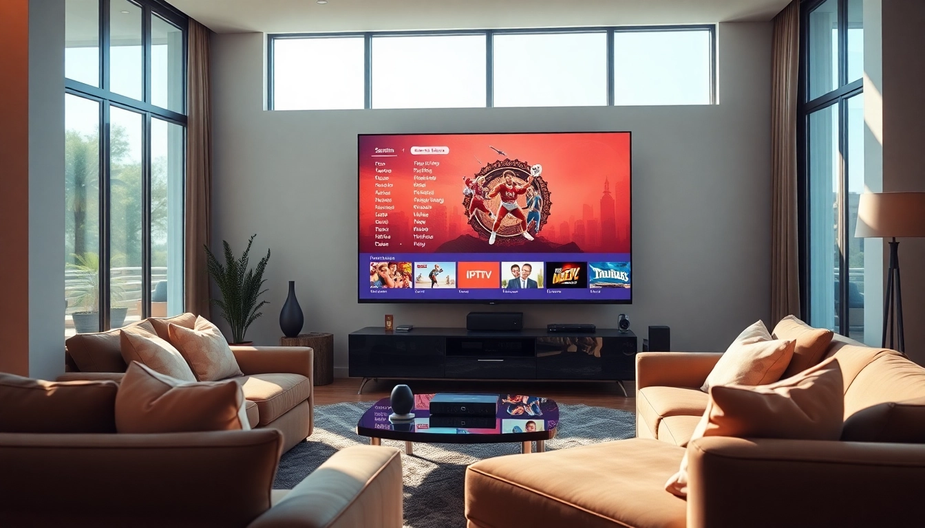 Comprar IPTV: Configuración moderna de IPTV en una sala de estar acogedora.