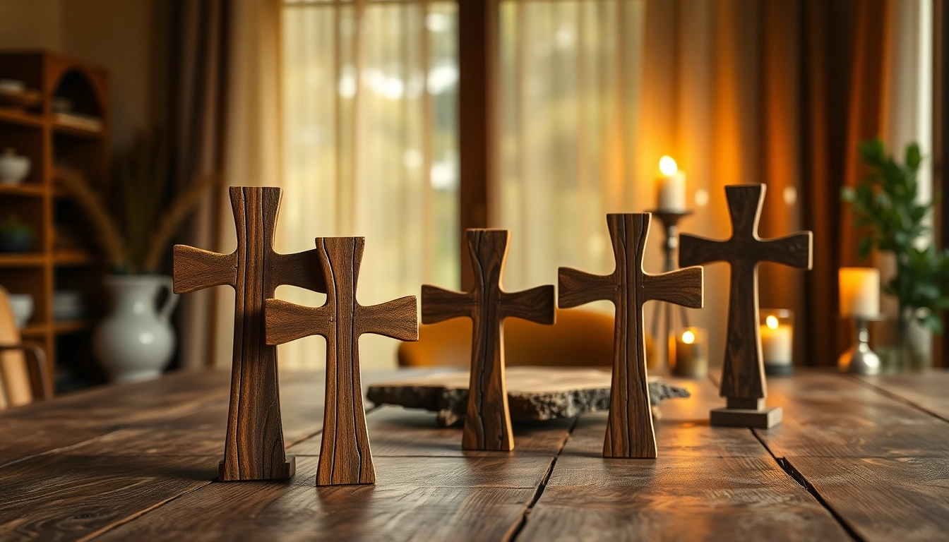 Admire the beauty of handmade crosses crafted from olive wood, showcasing unique designs on a wooden table.