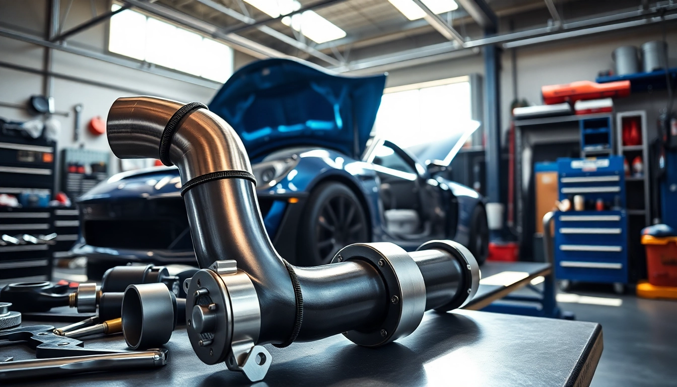 Install charge pipe kit with detailed tools showcasing an energetic automotive workshop.