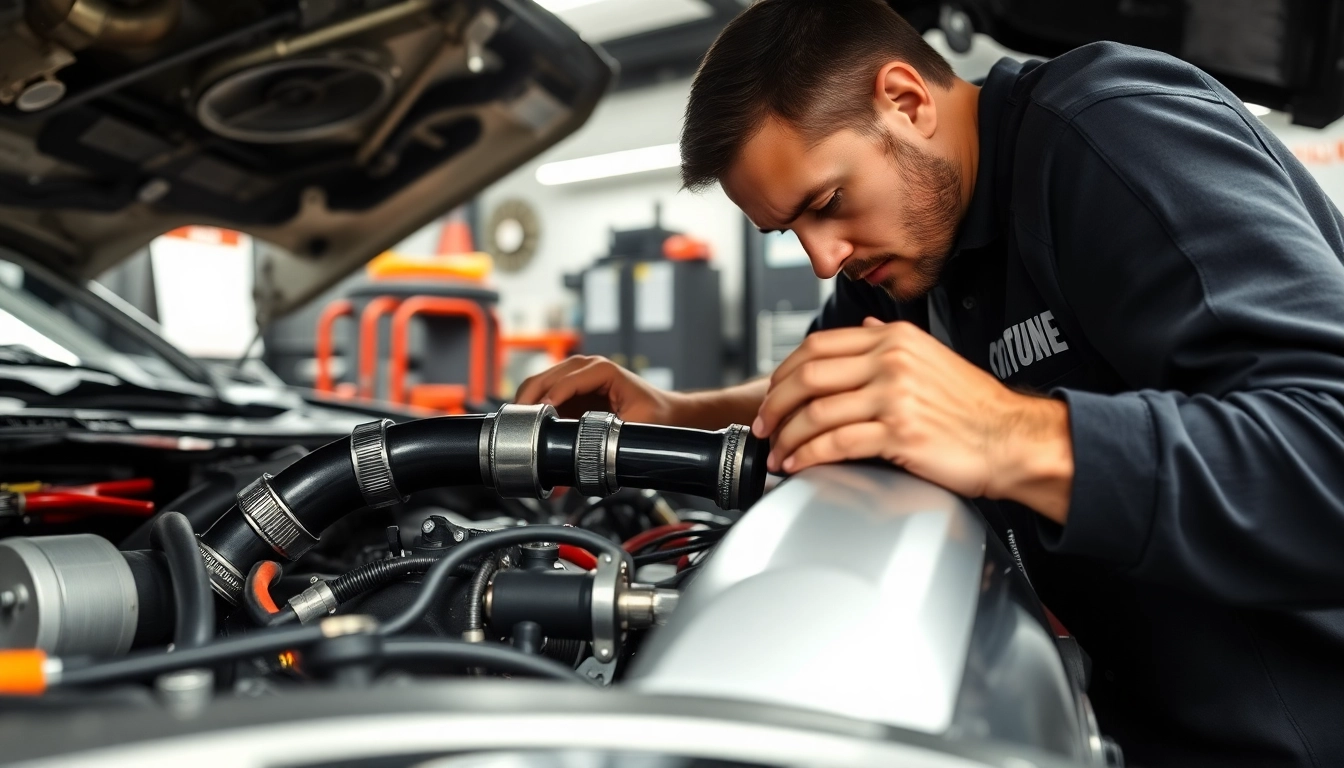 Installing a charge pipe kit with precision in a bright automotive workshop.