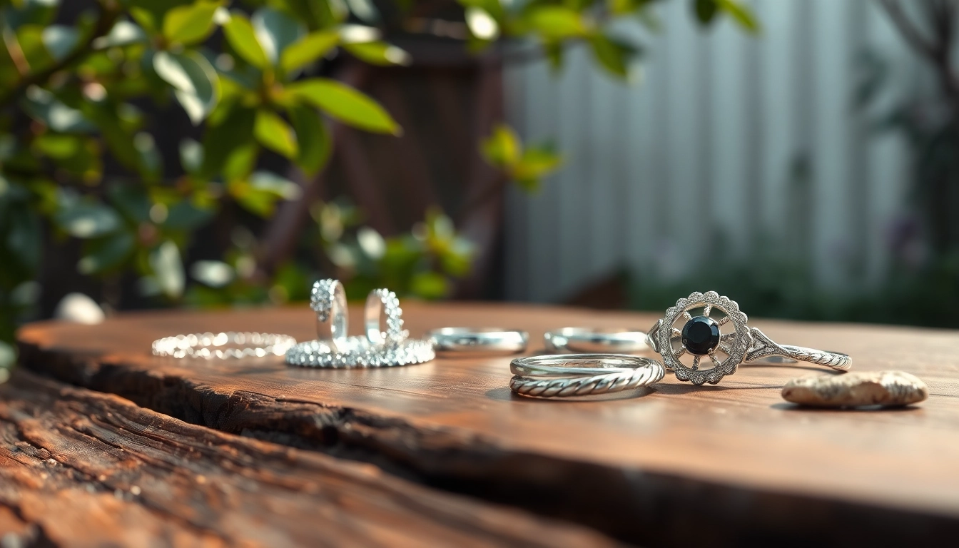 Showcase exquisite silver jewelry featuring intricate designs and textures on a wooden table.