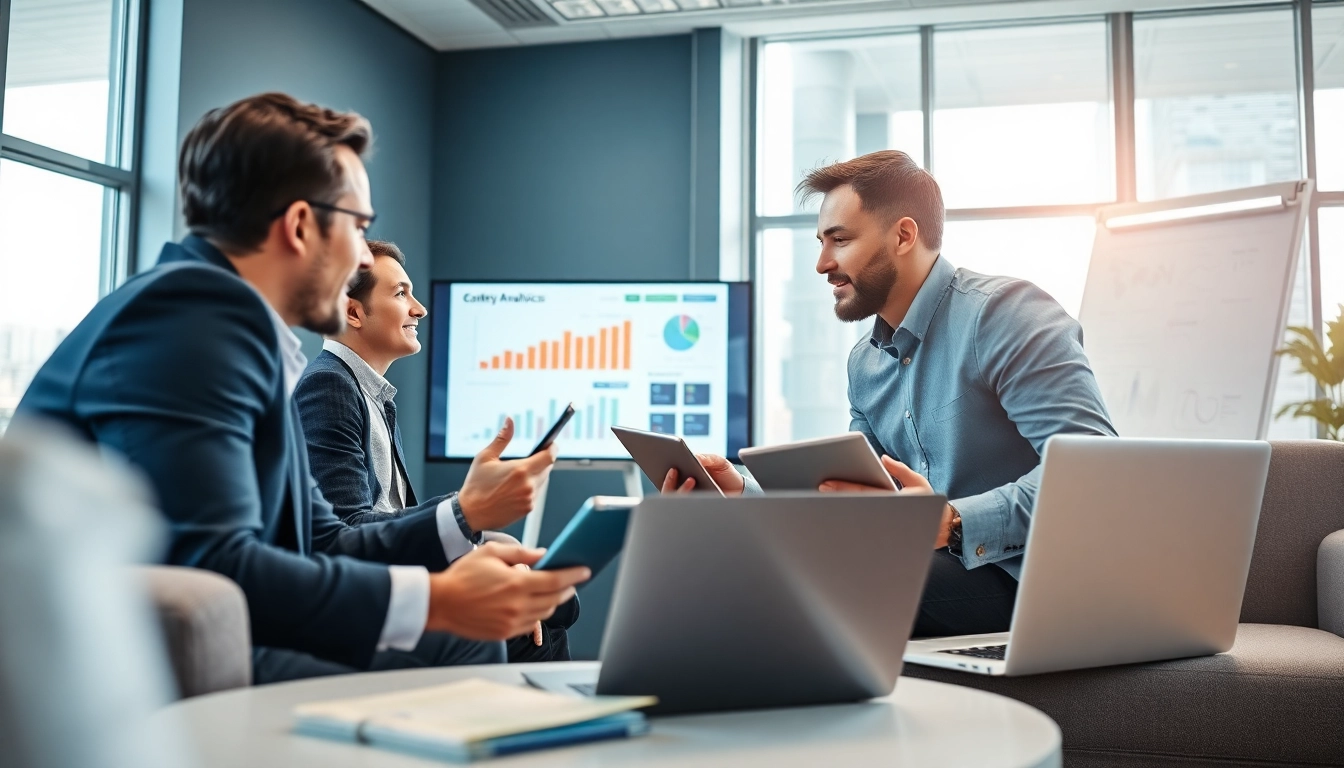 Sales team collaborating using competitive intelligence for sales tools in a modern office.